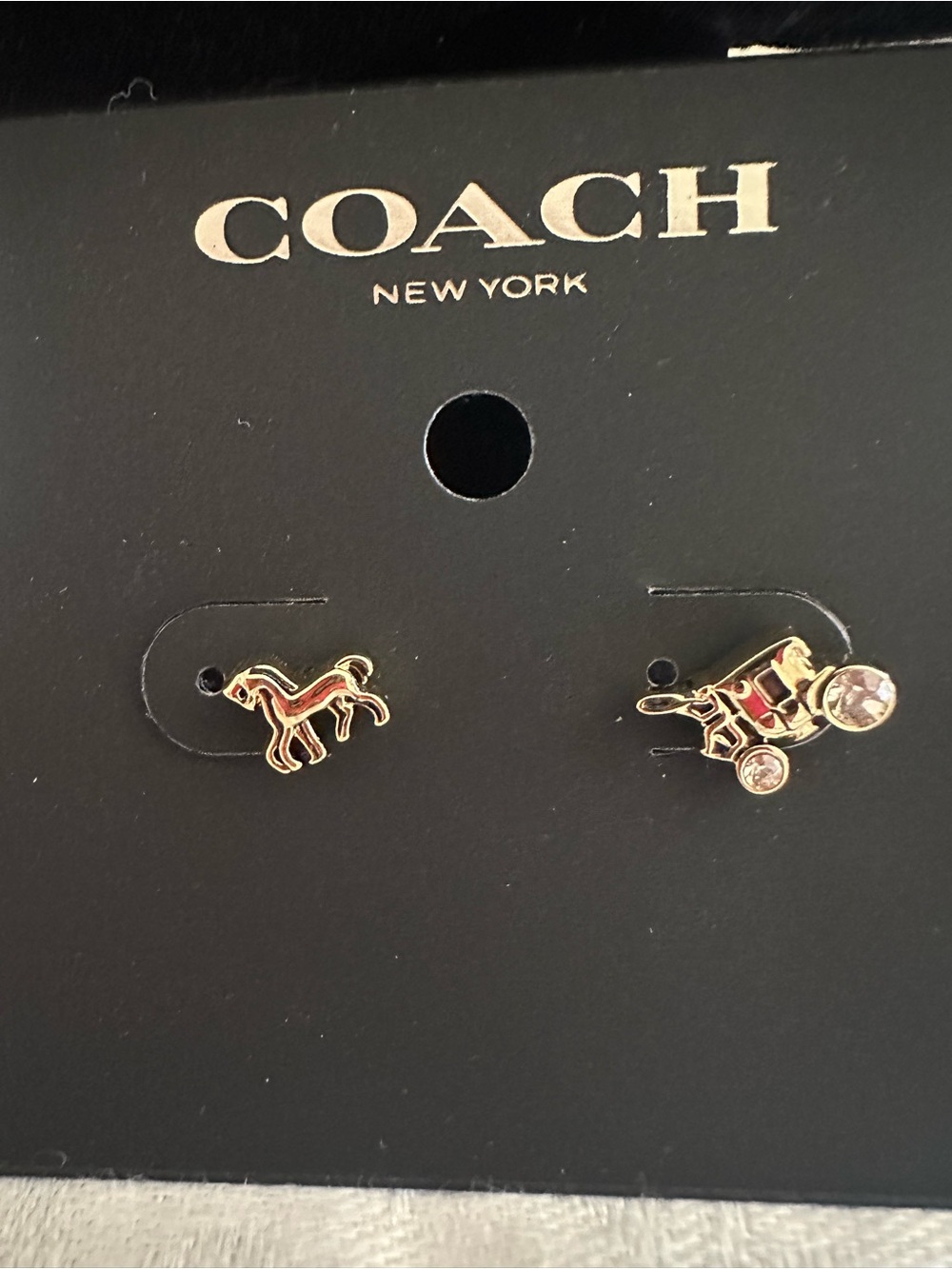 Coach Gold-Tone Horse & Carriage Stud Earrings with Red Backing